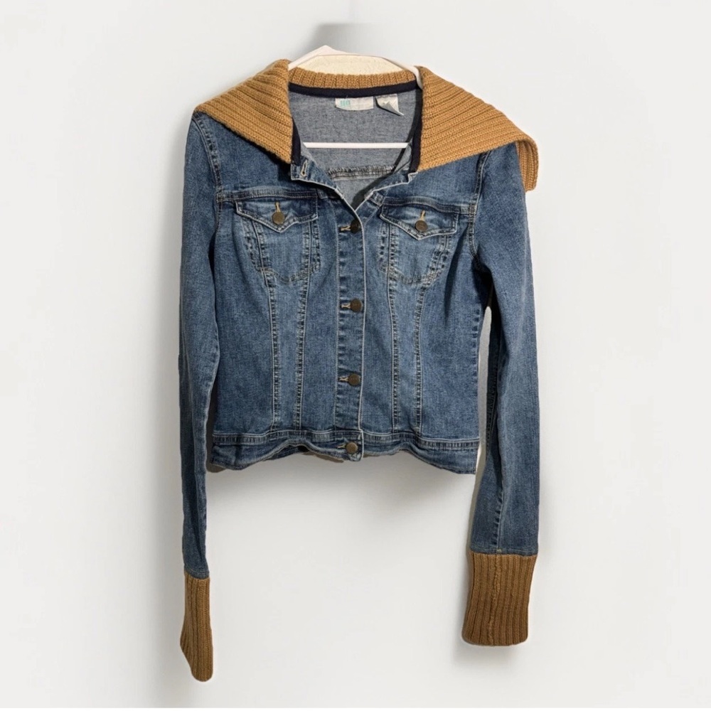 Jennifer Lopez Blue Denim Jacket Brown Knitted Collar & Cuffs Womens Medium Y2K